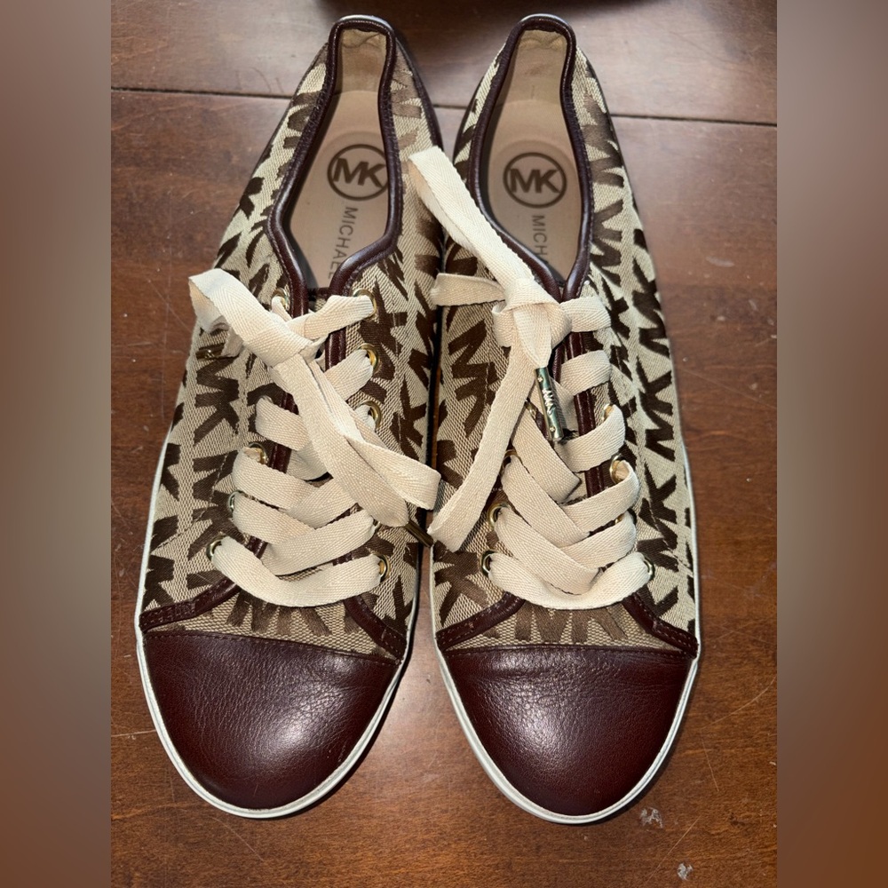 Michael Kors Beige Canvas Logo Sneakers with Brown Leather Trim